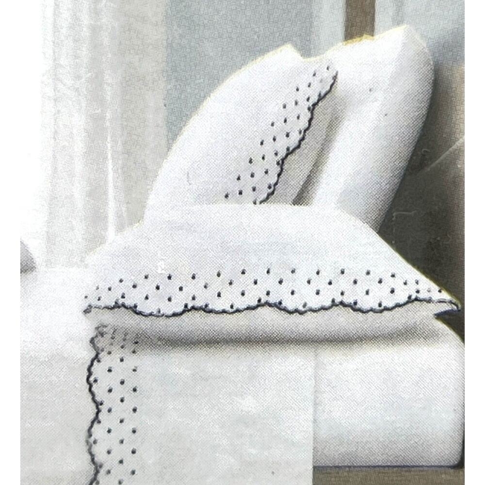 Shabby Chic Embroidered King Sheet Set Scallop Dot Navy Blue White 100% Cotton